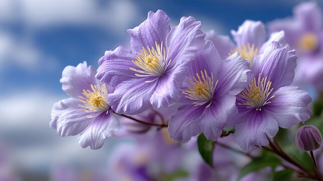 Lavender clematis bloom against a cloudy sky