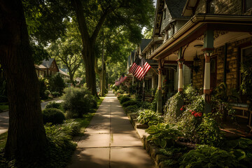 Row of suburban homes with American flags and lush green trees on sunny residential street