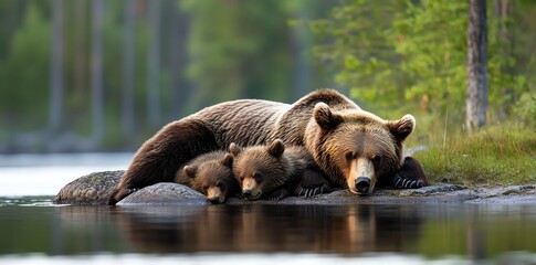 A bear family resting near a river in the Finnish wild