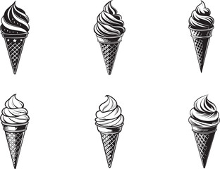 Vintage black and white vector illustrations of soft serve ice cream cones, swirl-style ice cream in waffle cones, hand-drawn dessert sketch, realistic shadows and textures, monochrome food art.