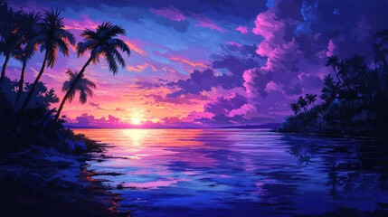 Tropical coastline at twilight, colorful skies with palm shadows casting long patterns over the water 