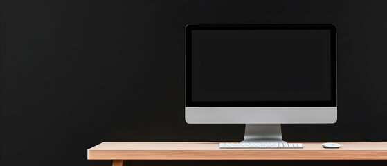 Modern Computer Setup On Wooden Table With Black Wall Background