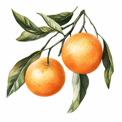 Watercolor Illustration of Two Oranges on a Branch