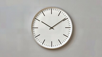 A blank clock face hangs on an empty wall, symbolizing timelessness and stillness.
