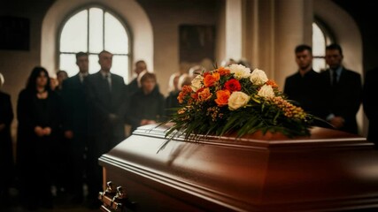 Emotional farewell gathering at traditional funeral ceremony with floral casket display