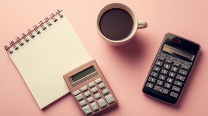 Budget flat lay with laptop notebook calculator smartphone coffee cup glasses and financial statement reports on blush pink to sky blue gradient pastel background