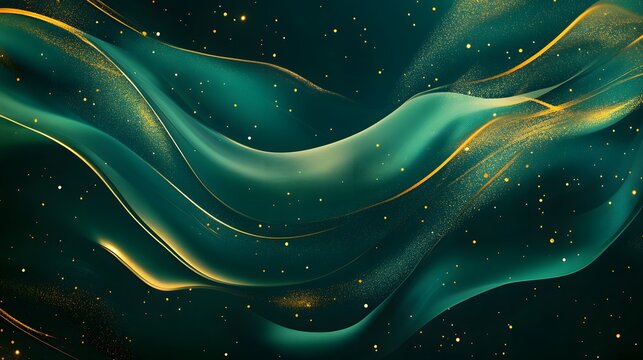 Abstract layered green background with radiant gold shine and sparkle haze