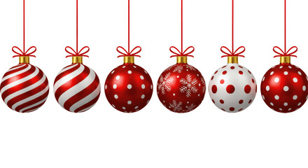 Set of red and white Christmas ornaments with bows and hanging strings, isolated on transparent PNG background