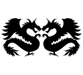 Two facing black dragon silhouettes with wings, claws, and serpentine bodies