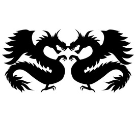 Two facing black dragon silhouettes with wings, claws, and serpentine bodies