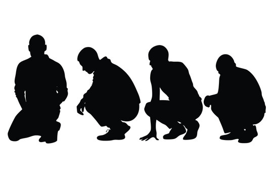 Silhouette of diverse men showing evolution of squatting on a simple white background