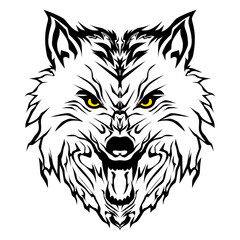 Black silhouette illustration of a snarling wolf head with sharp yellow eyes