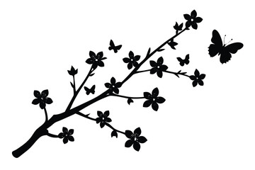 Naklejka premium Silhouette of tree branch adorned with flowers as butterflies flutter around on white