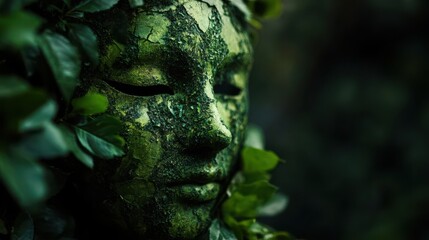Enchanted Stone Guardian: A mesmerizing image of a serene stone sculpture of a face, interwoven with lush foliage and embraced by the verdant depths of a forest.