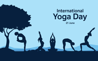 Obraz premium International Yoga Day wishes or greeting banner poster design with sun, cloud, and mountain, view, background, design, social, media, 21st june