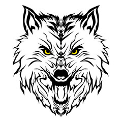 Black silhouette illustration of a snarling wolf head with sharp yellow eyes