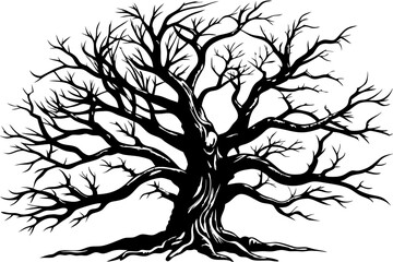 Obraz premium Silhouette of a dead tree side profile with gnarly branches, dead tree, tree silhouette, side profile, gnarl, gnarled, branches, silhouette, vector, design element, nature, illustration, graphic, art