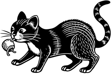 Obraz premium Silhouette of a cat holding a mouse side view illustration, cat, mouse, silhouette, side view, black and white, animal, domestic animal, feline, predator, prey, cartoon, illustration, vector, graphic