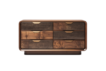 Elegant six-drawer wooden cabinet with mixed brown textures and metallic gold handles, modern classic design, isolated on a transparent background