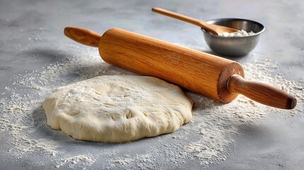 A ball of raw pizza dough rests beside a rolling pin, ready to be shaped into a delicious base.
