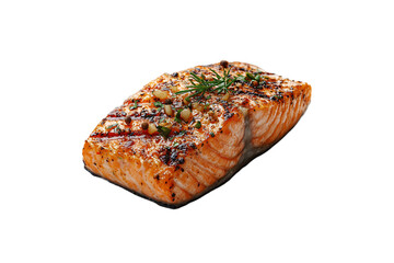 Grilled salmon fillet seasoned with herbs, peppercorns, and garlic, perfectly cooked with crispy edges, isolated on a transparent background