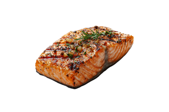 Grilled salmon fillet seasoned with herbs, peppercorns, and garlic, perfectly cooked with crispy edges, isolated on a transparent background