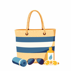 Stylish beach bag with accessories on white background, summer vibes
