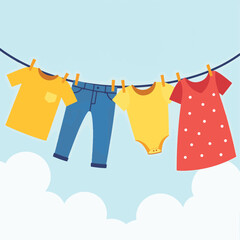Colorful clothes hanging on line against blue sky, joyful simplicity