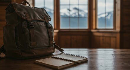 Packing Backpack for Adventure Travel with Notebook and Snowy Mountain View