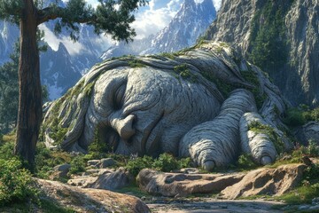Fototapeta premium Majestic stone figure reclining in a tranquil mountain landscape.