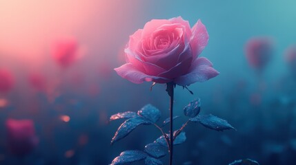 Obraz premium Pink rose sunrise garden misty background romantic card