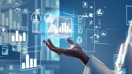 Futuristic doctor holding digital cube interface displaying data analytics and virtual medical information - Powered by Adobe
