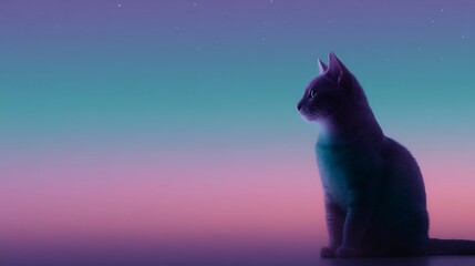Cat gazes toward a soft gradient sunset background