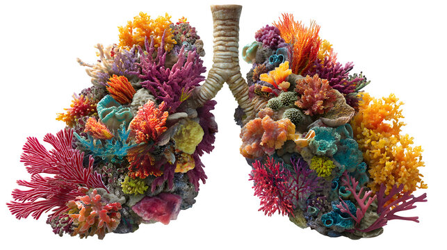 Human lung partially transformed into coral reef showing oxygen exchange parallel isolated on Transparent Background