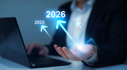 Growth and development chart of company in new year 2026. Planning,opportunity, challenge and business strategy in new year 2026.Development to success and motivation in 2026.