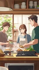 Obraz premium Anime siblings serving homemade food to their proud parents