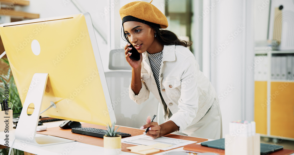 Poster woman, phone call and computer with notes in office for discussion, confirm schedule and reporter ch
