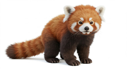 A charming red panda with striking facial markings standing against a clean white backdrop creating an endearing portrait, displaying exquisite fur detail