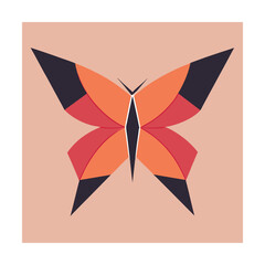 Geometric butterfly design with orange red and black wing shapes on a pink background
