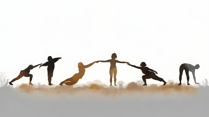 Silhouetted figures gracefully performing various yoga poses with a warm and soft artistic background.