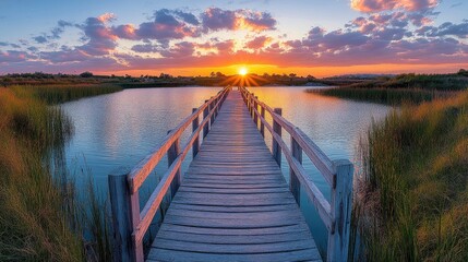 Obraz premium Serene wooden boardwalk leads to a vibrant sunset over a tranquil lake