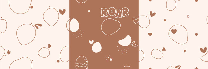 A set of cute kids seamless patterns drawn in neutral pastel bohemian colors featuring dino egg, roar word, lines, hearts and spots.