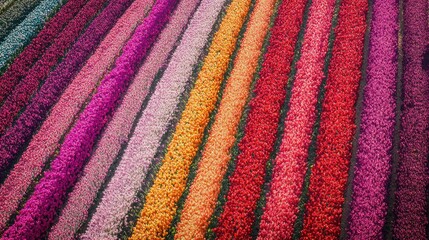 Obraz premium Aerial view of vibrant, colorful flower rows in a vast field