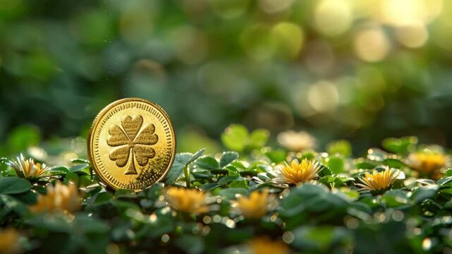 Shiny gold coins with clovers for St. Patrick's Day