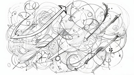 Naklejka premium Abstract hand drawn sketch featuring arrows circles lines and organic shapes on white background