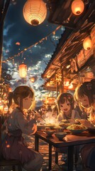 Naklejka premium Anime family eating soba noodles together to welcome the new year