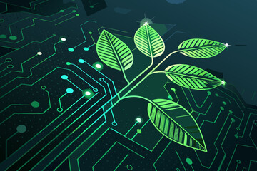 Design a bold, abstract illustration depicting a leaf-shaped circuit board, vibrant green, symbolizing sustainable green energy.  Focus on clean lines and a futuristic aesthetic.