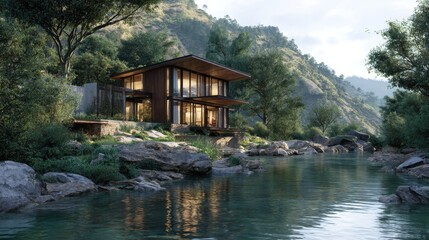 Fototapeta premium Modern eco-friendly house near tranquil river with lush greenery and rocky landscape creating a serene nature retreat in picturesque mountainous scenery