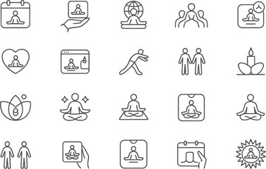 Yoga and wellness line icons set modern, simple design, Mindful exercise and relaxation activity symbols set