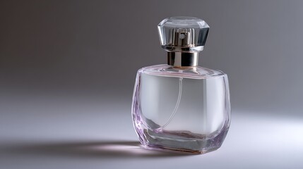 Elegant Clear Glass Perfume Bottle with Golden Cap on Grey Background